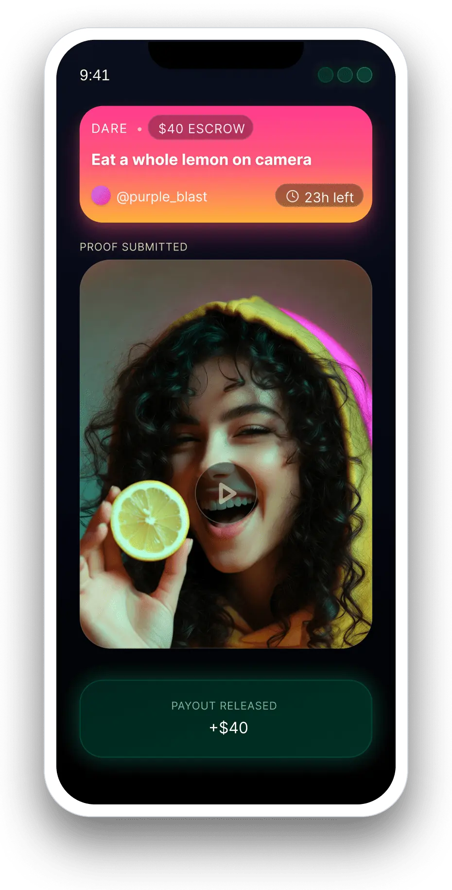 Xdares dare flow: Eat a whole lemon dare with $40 escrow, proof video, and payout released